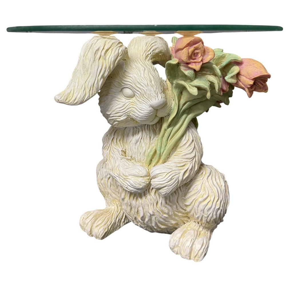Vintage Bunny Rabbit Glass Top Side Table Easter Decor White Resin Rose Base